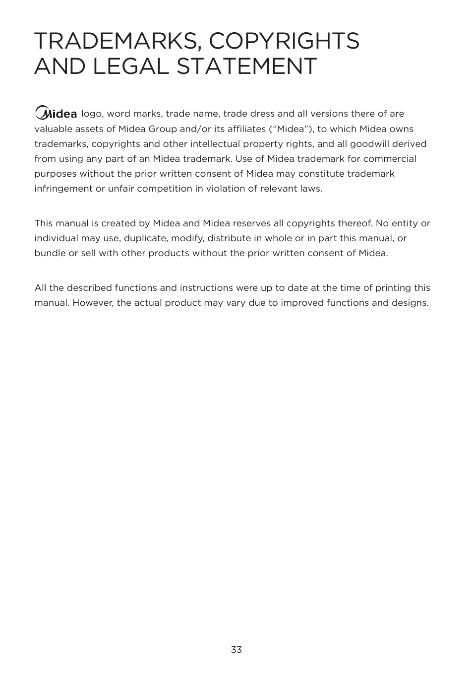 Trademarks, copyrights and legal statement | MIDEA 11QT Two-Zone User Manual | Page 36 / 41