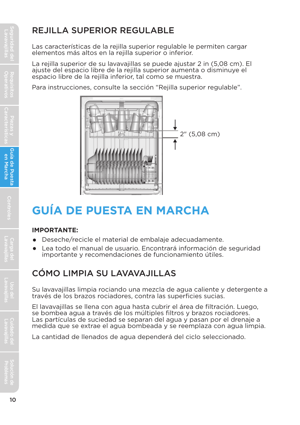 Guía de puesta en marcha, Rejilla superior regulable, Cómo limpia su lavavajillas | MIDEA MDT24H3AST User Manual | Page 100 / 136