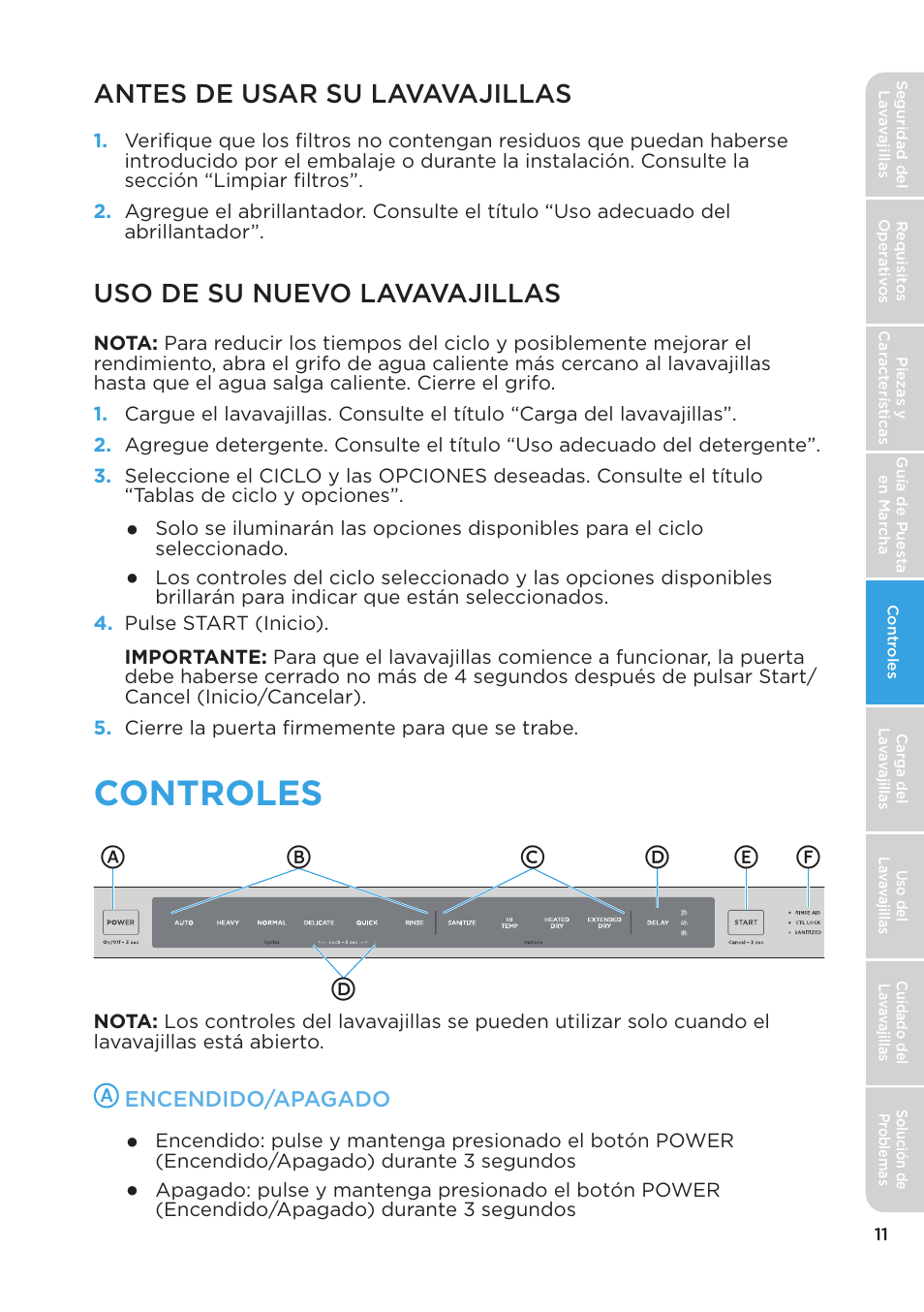 Controles, Antes de usar su lavavajillas, Uso de su nuevo lavavajillas | MIDEA MDT24H3AST User Manual | Page 101 / 136