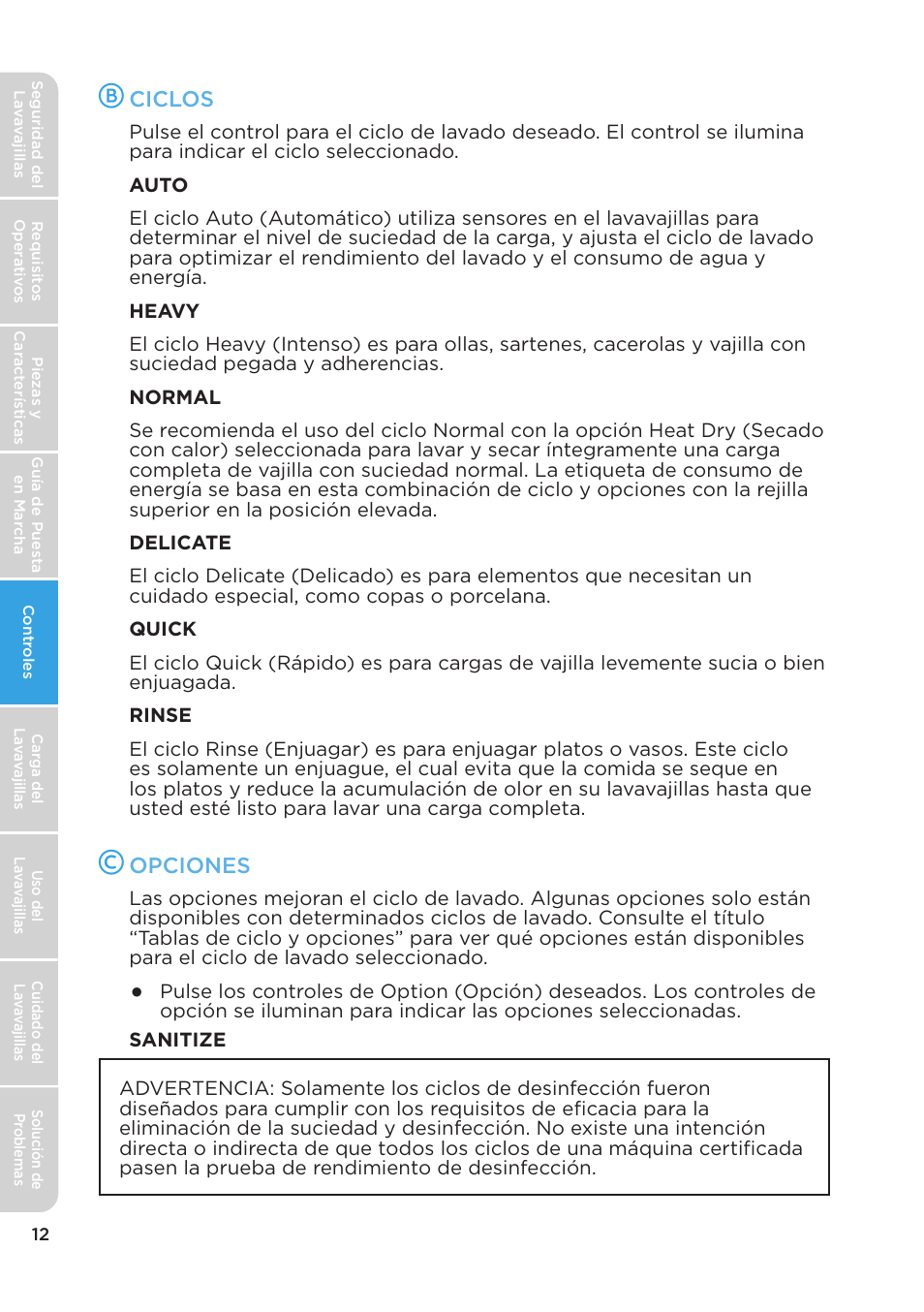 Ciclos, Opciones | MIDEA MDT24H3AST User Manual | Page 102 / 136