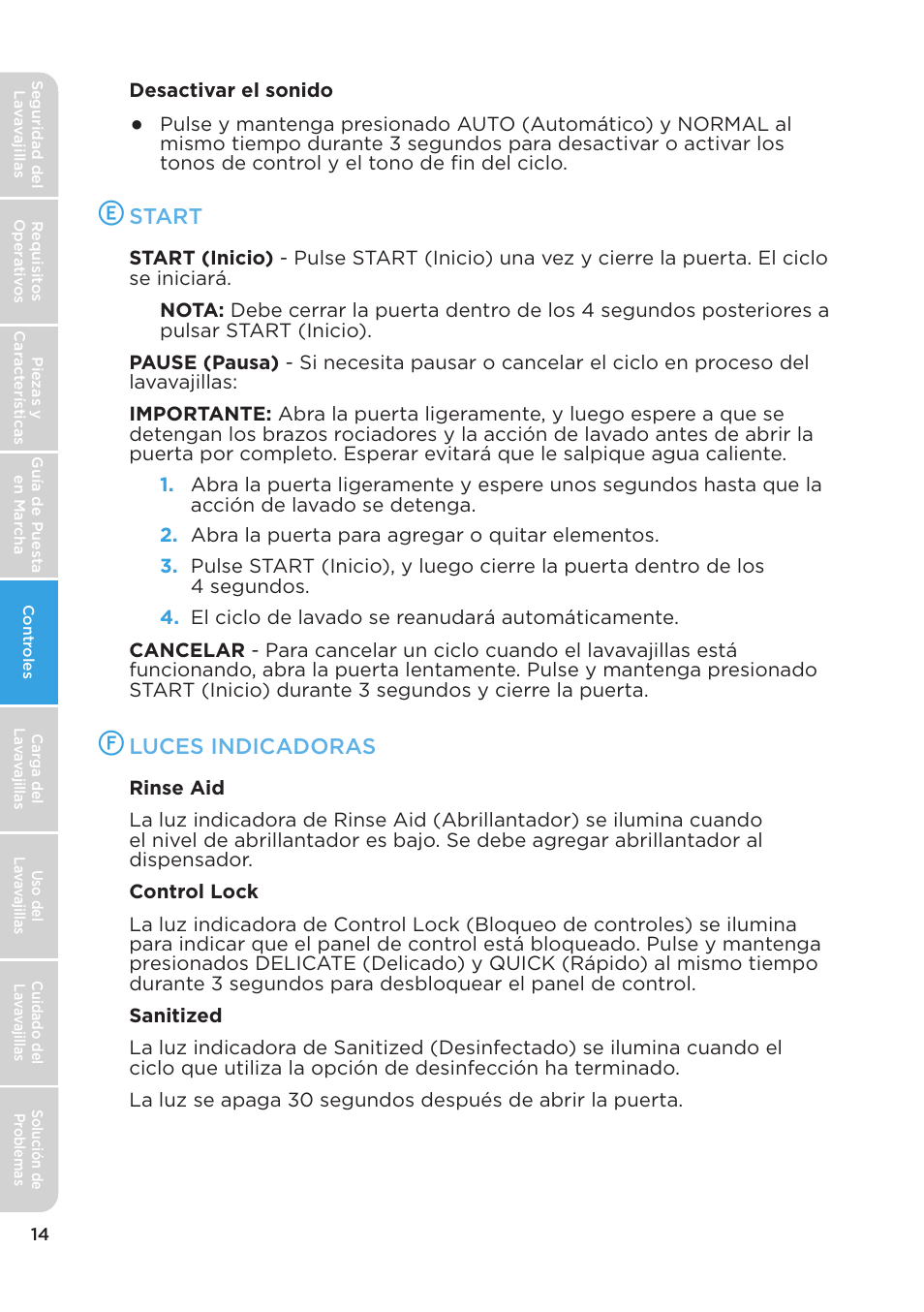 Start, Luces indicadoras | MIDEA MDT24H3AST User Manual | Page 104 / 136