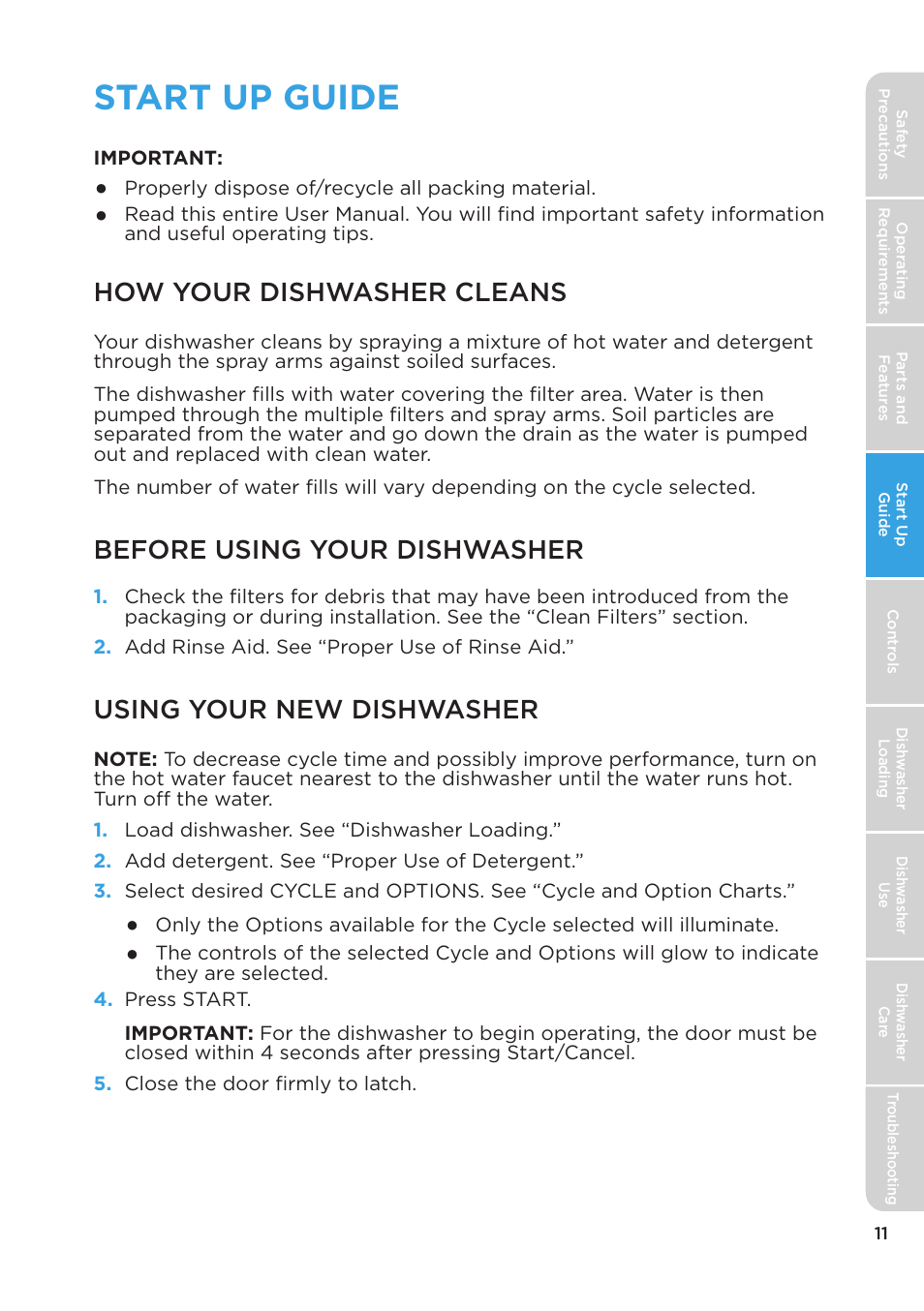 Start up guide, How your dishwasher cleans, Before using your dishwasher | Using your new dishwasher | MIDEA MDT24H3AST User Manual | Page 11 / 136