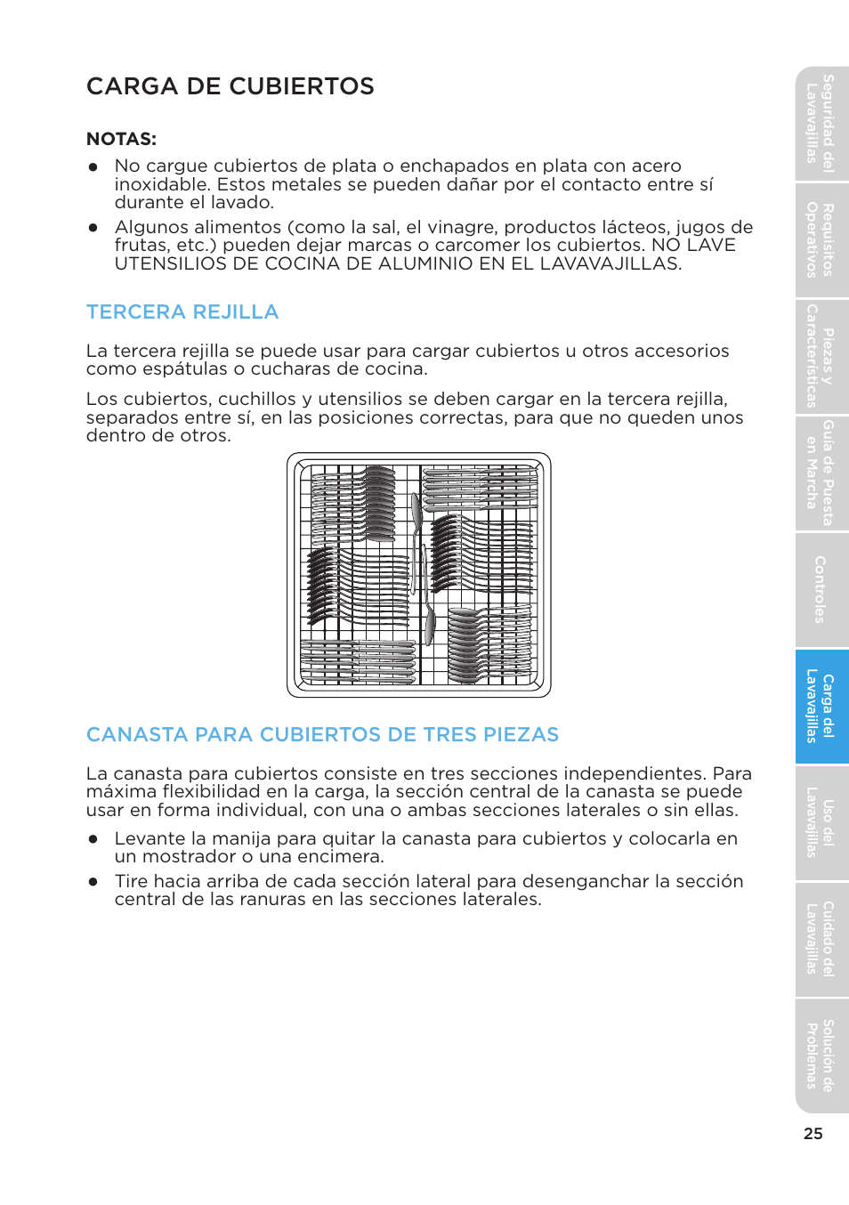 Carga de cubiertos, Tercera rejilla, Canasta para cubiertos de tres piezas | MIDEA MDT24H3AST User Manual | Page 115 / 136