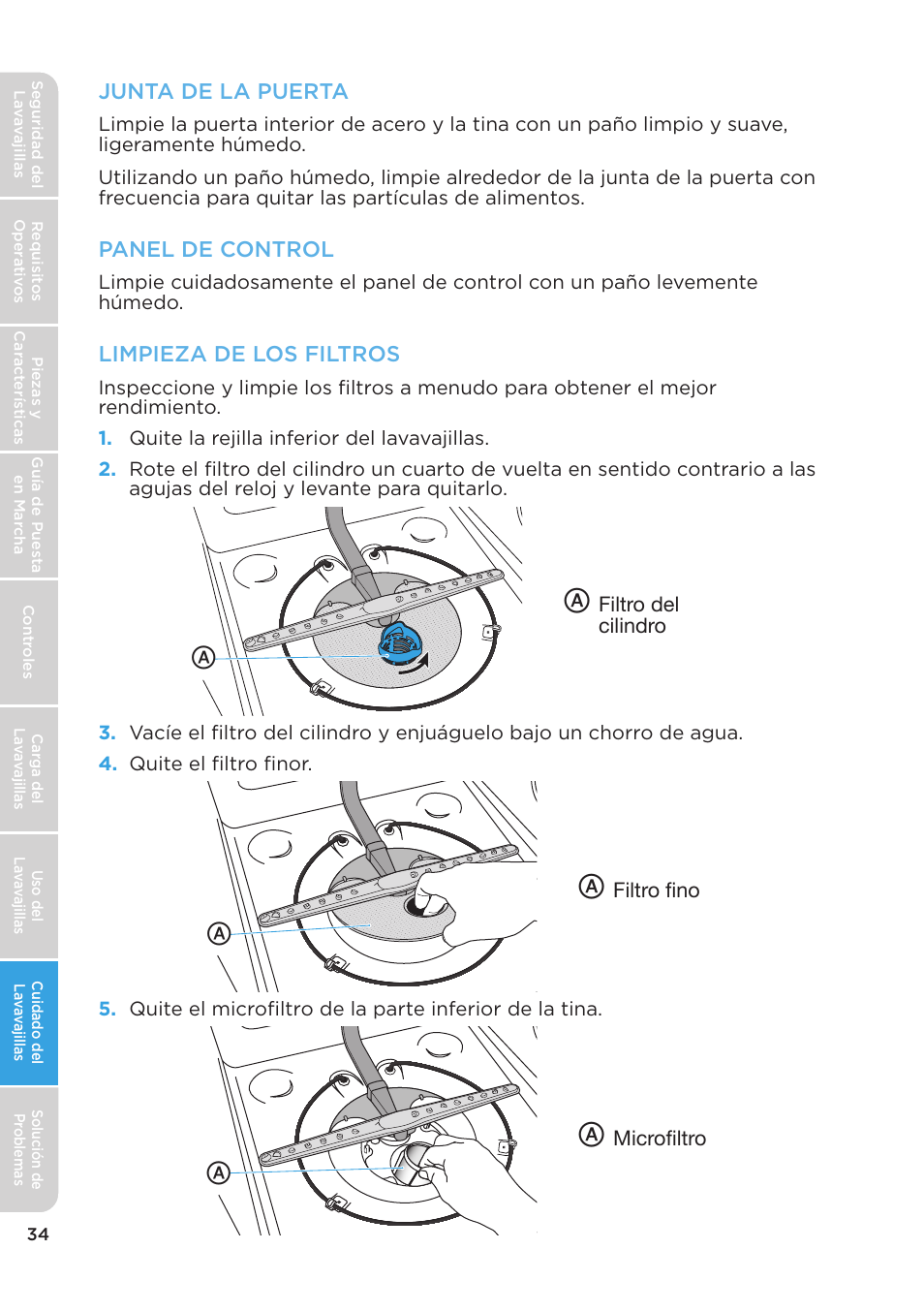 Junta de la puerta, Panel de control, Limpieza de los filtros | MIDEA MDT24H3AST User Manual | Page 124 / 136