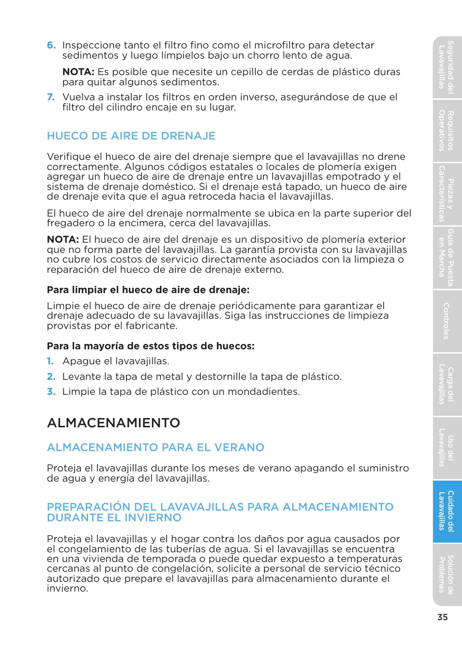 Almacenamiento, Hueco de aire de drenaje, Almacenamiento para el verano | MIDEA MDT24H3AST User Manual | Page 125 / 136