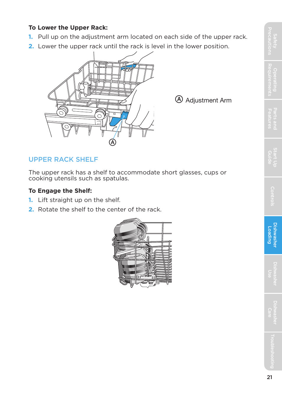 Upper rack shelf, Adjustment arm | MIDEA MDT24H3AST User Manual | Page 21 / 136