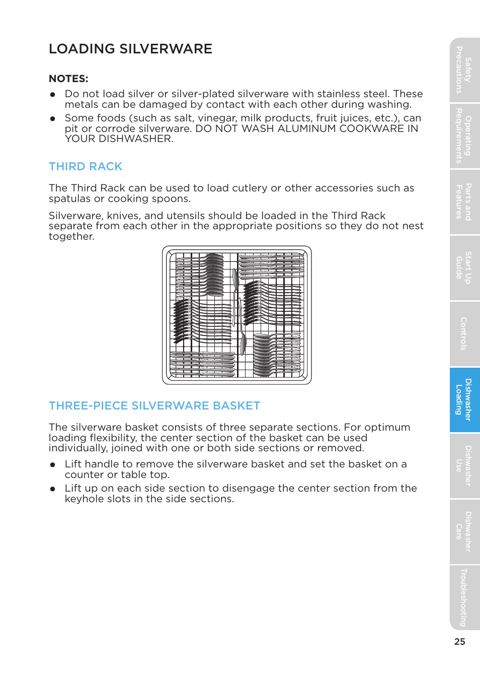 Loading silverware, Third rack, Three-piece silverware basket | MIDEA MDT24H3AST User Manual | Page 25 / 136