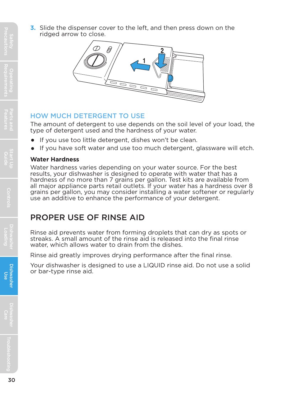 Proper use of rinse aid, How much detergent to use | MIDEA MDT24H3AST User Manual | Page 30 / 136