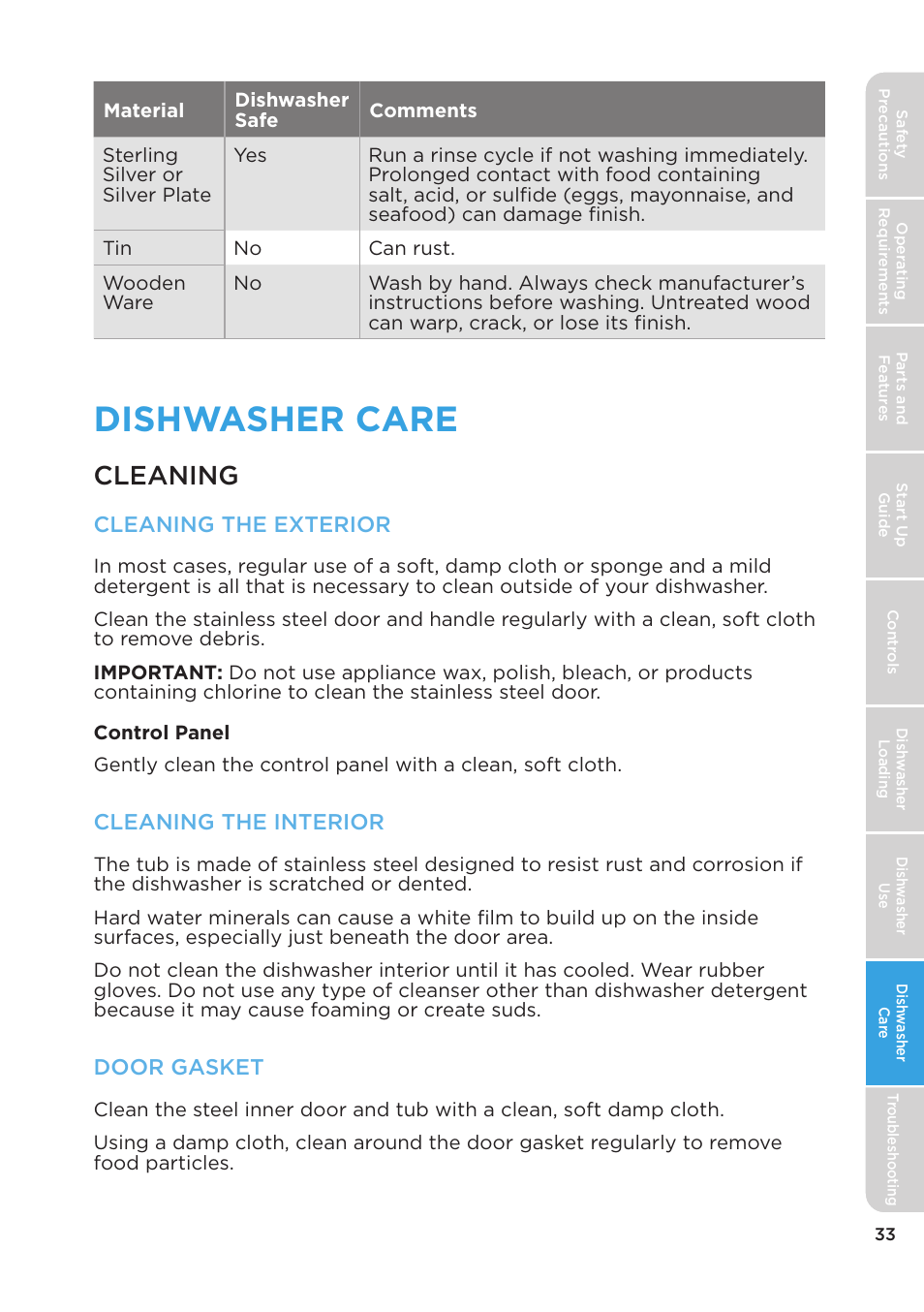 Dishwasher care, Cleaning, Cleaning the exterior | Cleaning the interior, Door gasket | MIDEA MDT24H3AST User Manual | Page 33 / 136