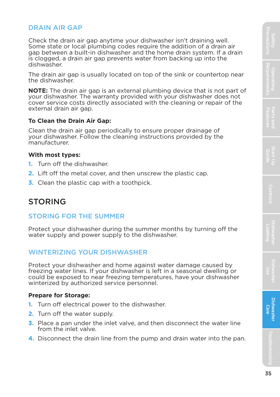 Storing, Drain air gap, Storing for the summer | Winterizing your dishwasher | MIDEA MDT24H3AST User Manual | Page 35 / 136