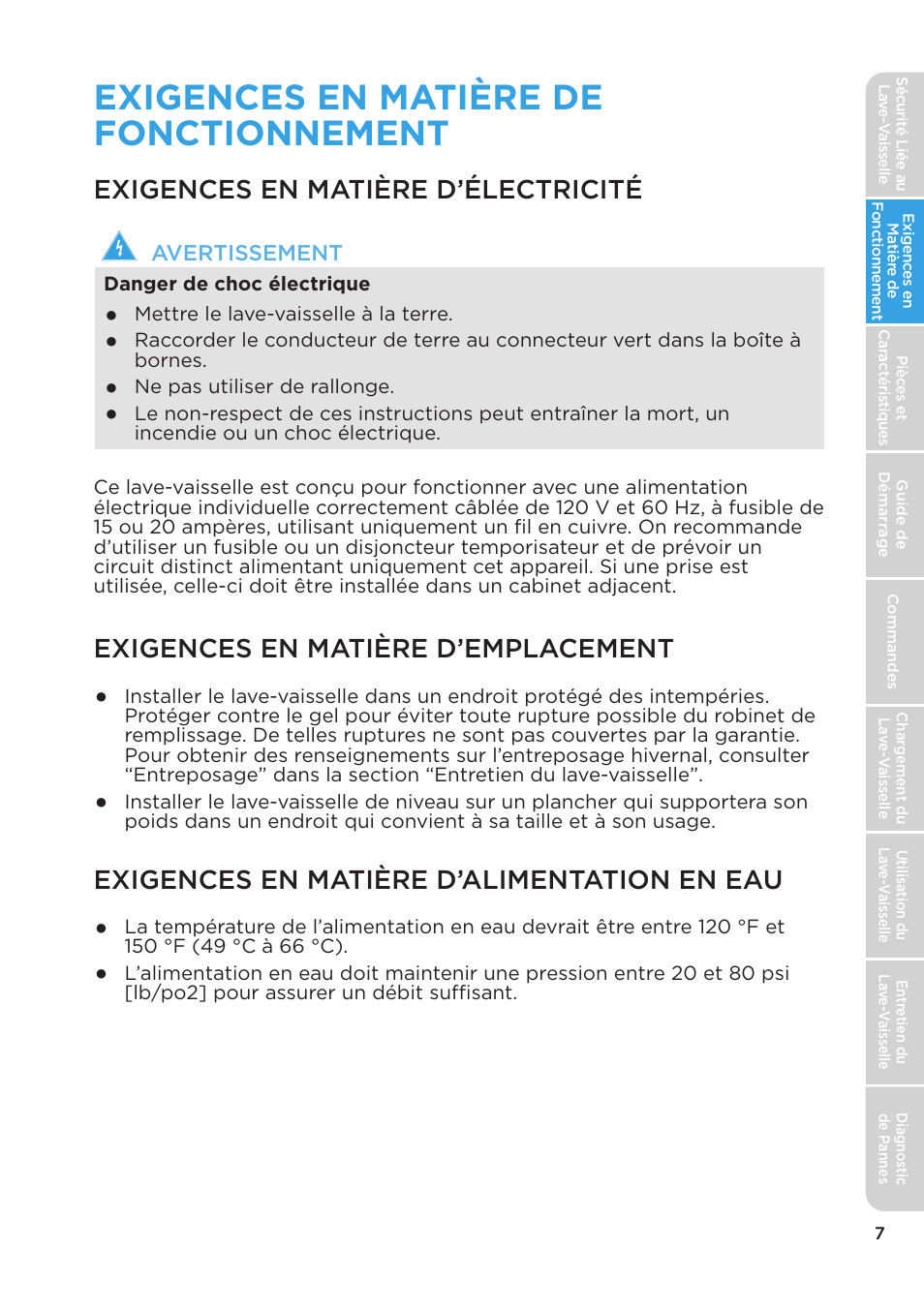 Exigences en matière de fonctionnement, Exigences en matière d’électricité, Exigences en matière d’emplacement | Exigences en matière d’alimentation en eau | MIDEA MDT24H3AST User Manual | Page 51 / 136