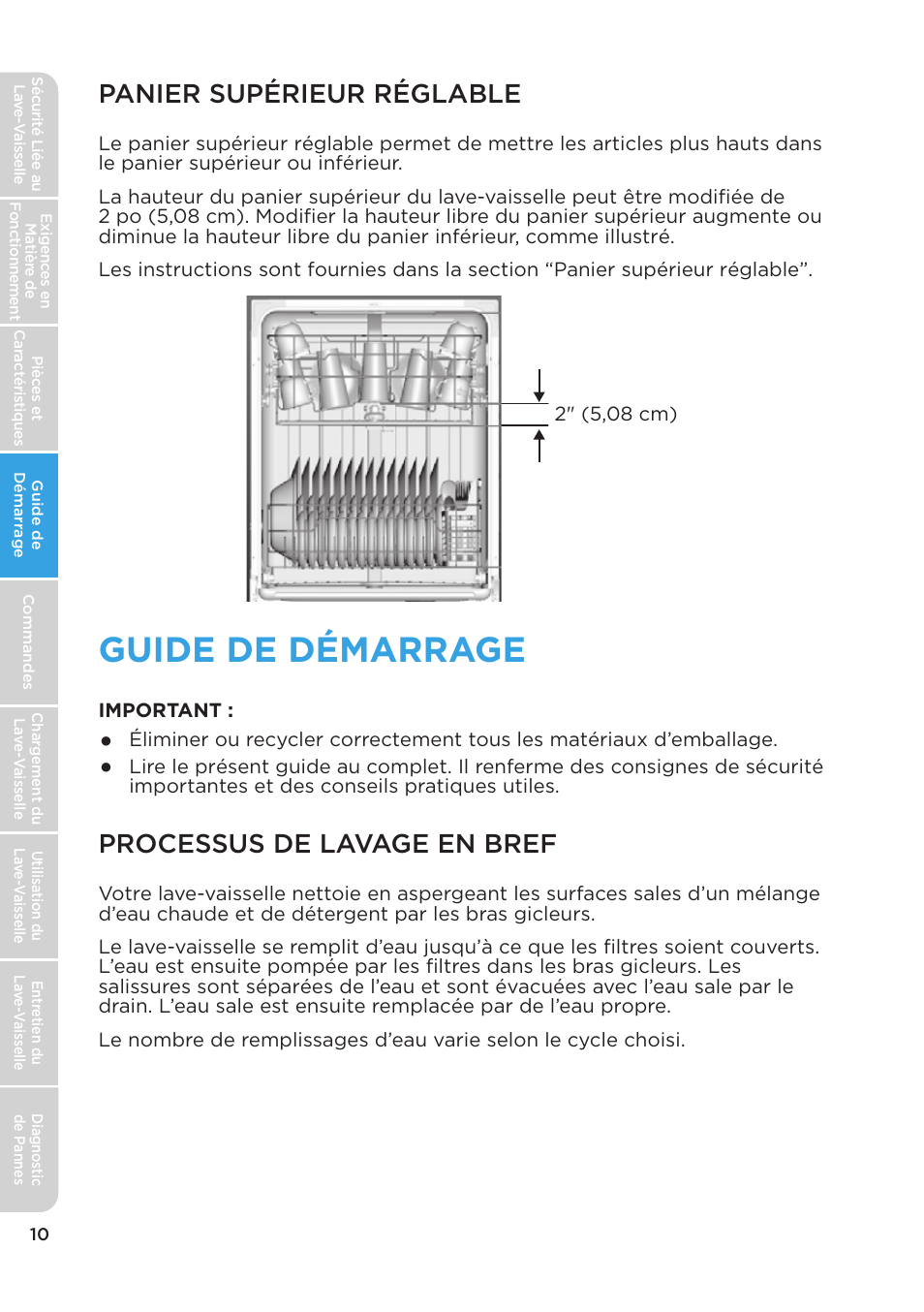 Guide de démarrage, Panier supérieur réglable, Processus de lavage en bref | MIDEA MDT24H3AST User Manual | Page 54 / 136