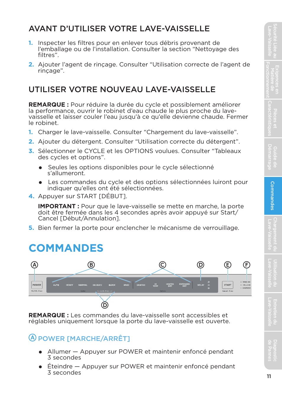 Commandes, Avant d’utiliser votre lave-vaisselle, Utiliser votre nouveau lave-vaisselle | MIDEA MDT24H3AST User Manual | Page 55 / 136