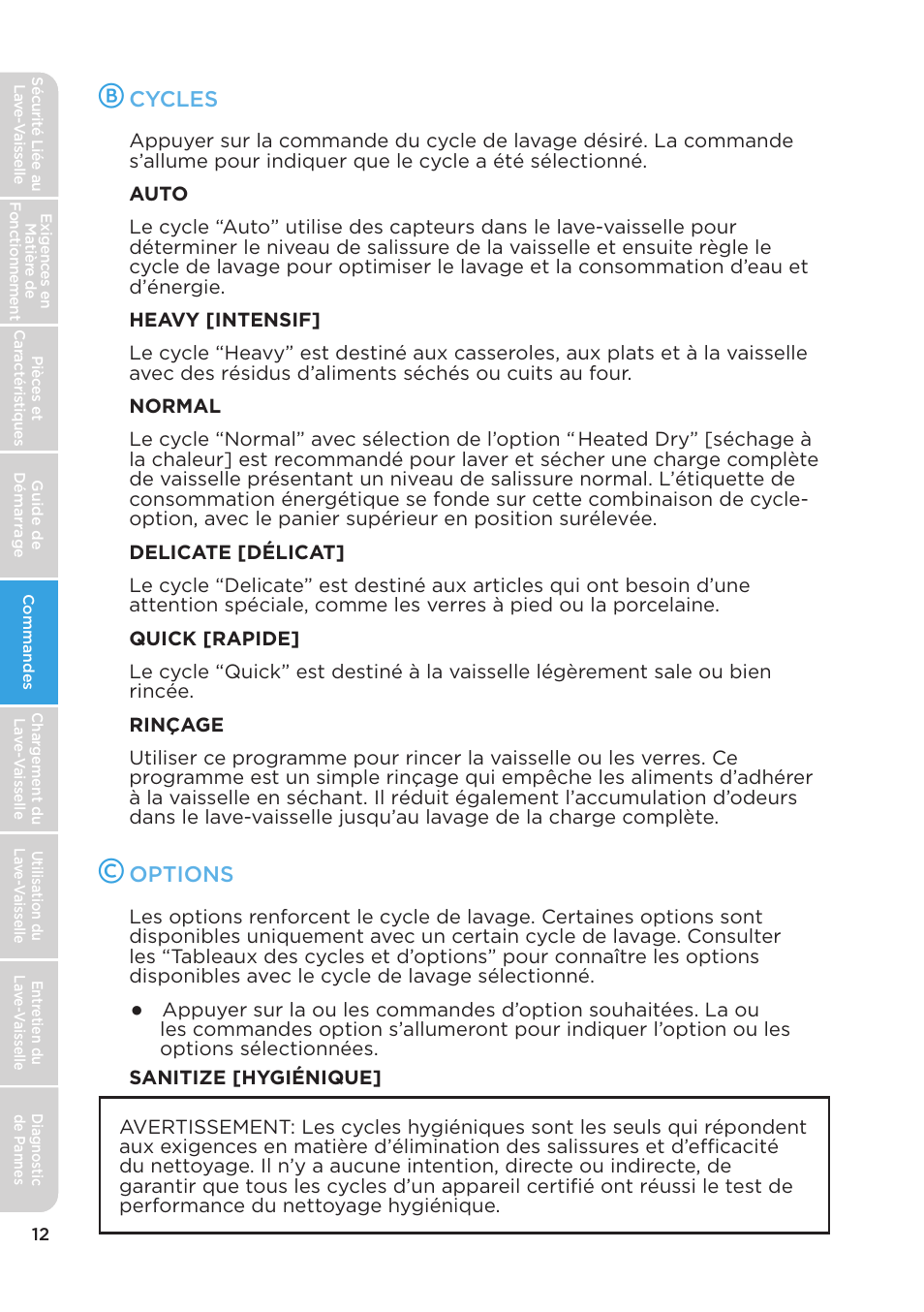 Cycles, Options | MIDEA MDT24H3AST User Manual | Page 56 / 136