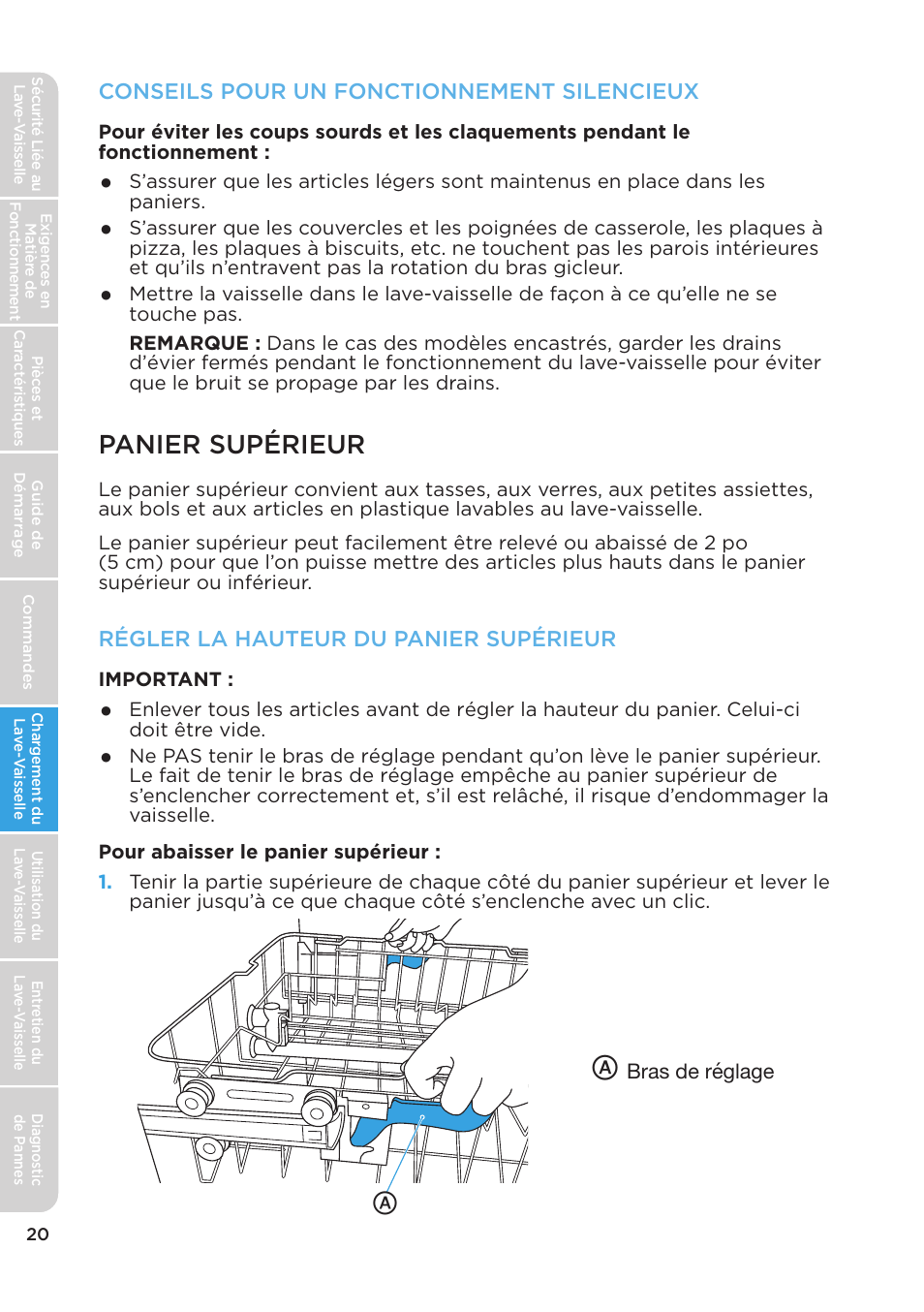 Panier supérieur, Conseils pour un fonctionnement silencieux, Régler la hauteur du panier supérieur | MIDEA MDT24H3AST User Manual | Page 64 / 136