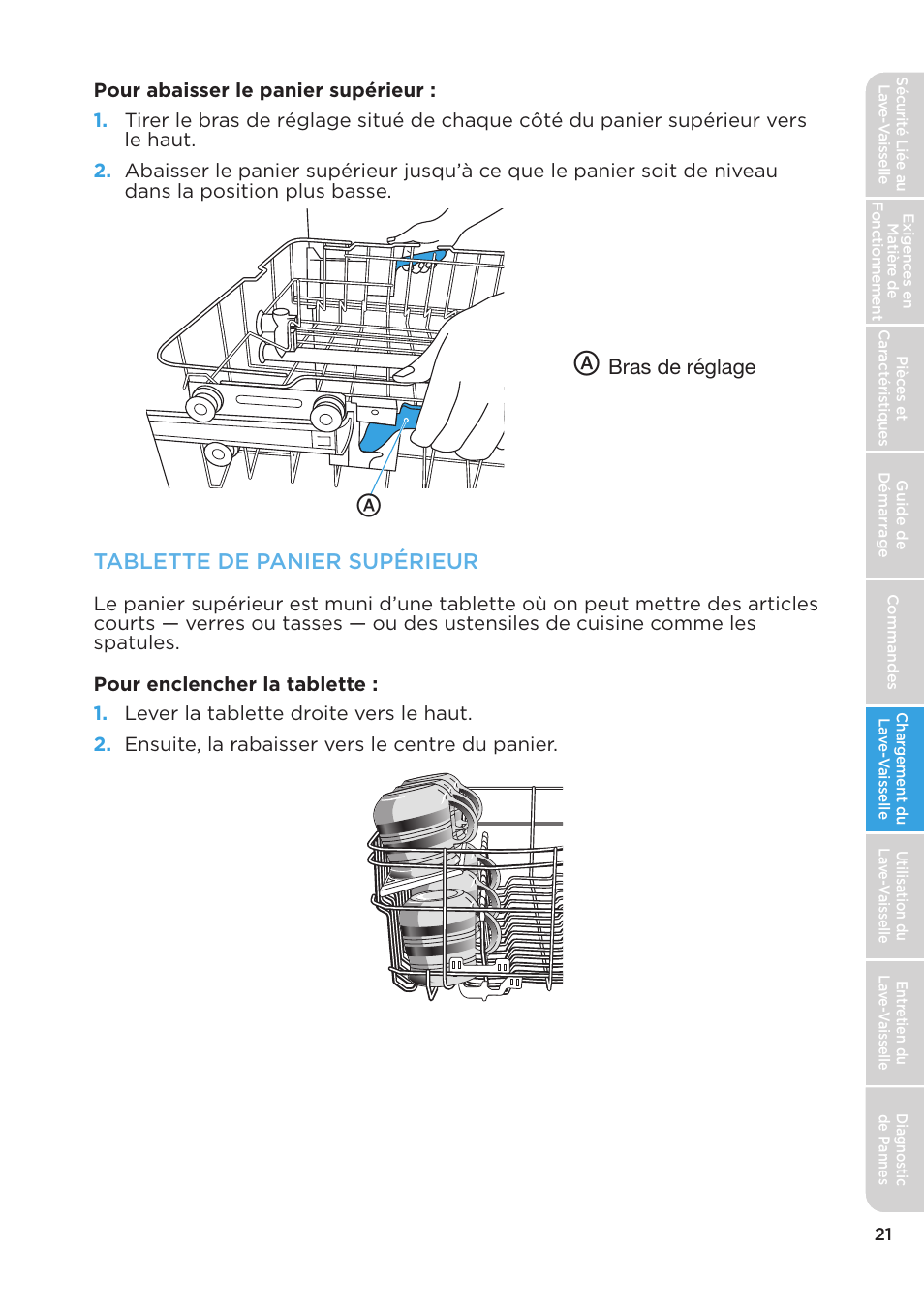 Tablette de panier supérieur, Bras de réglage | MIDEA MDT24H3AST User Manual | Page 65 / 136