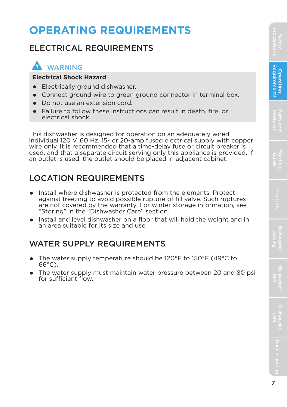 Operating requirements, Electrical requirements, Location requirements | Water supply requirements | MIDEA MDT24H3AST User Manual | Page 7 / 136