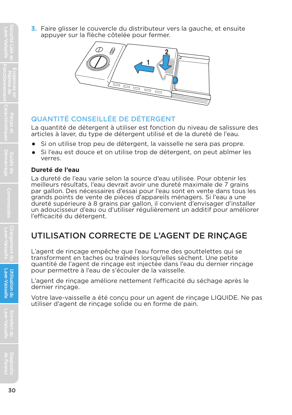 Utilisation correcte de l’agent de rinçage, Quantité conseillée de détergent | MIDEA MDT24H3AST User Manual | Page 74 / 136