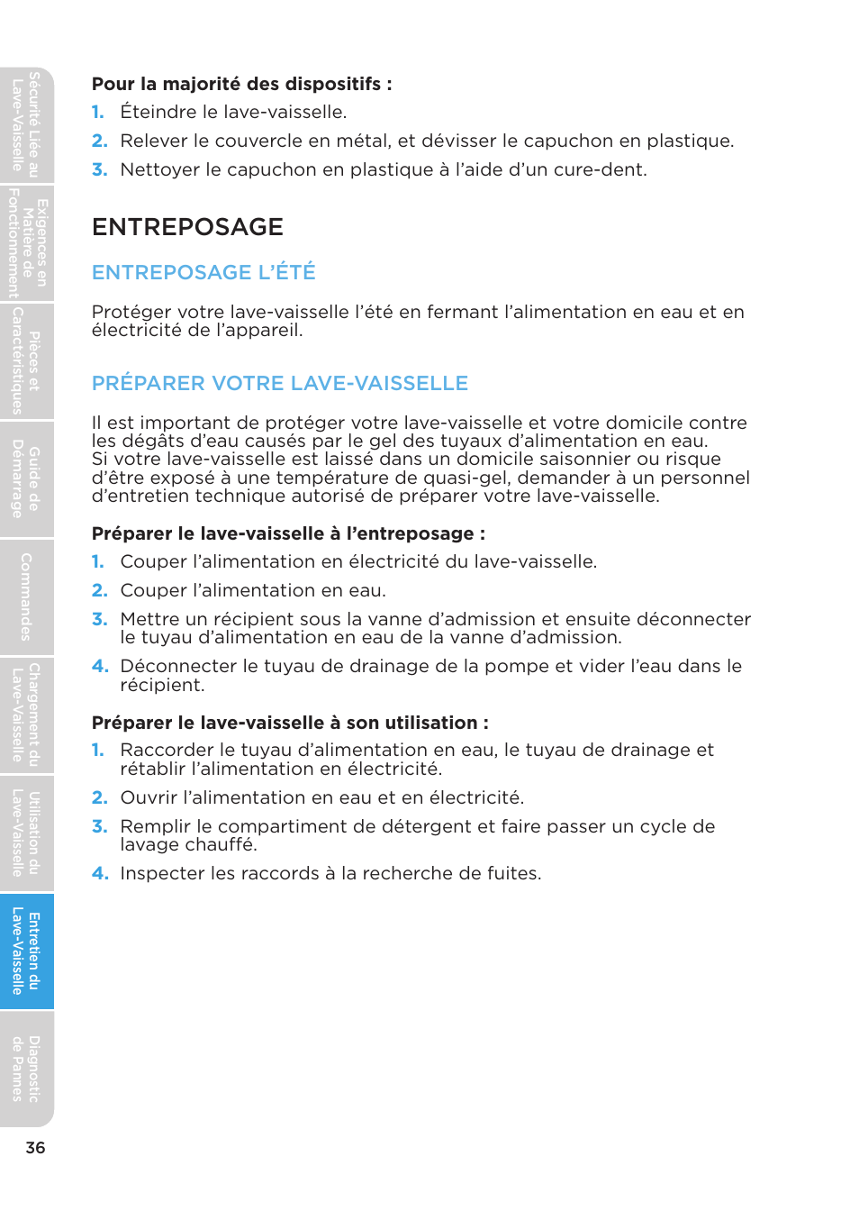 Entreposage, Entreposage l’été, Préparer votre lave-vaisselle | MIDEA MDT24H3AST User Manual | Page 80 / 136