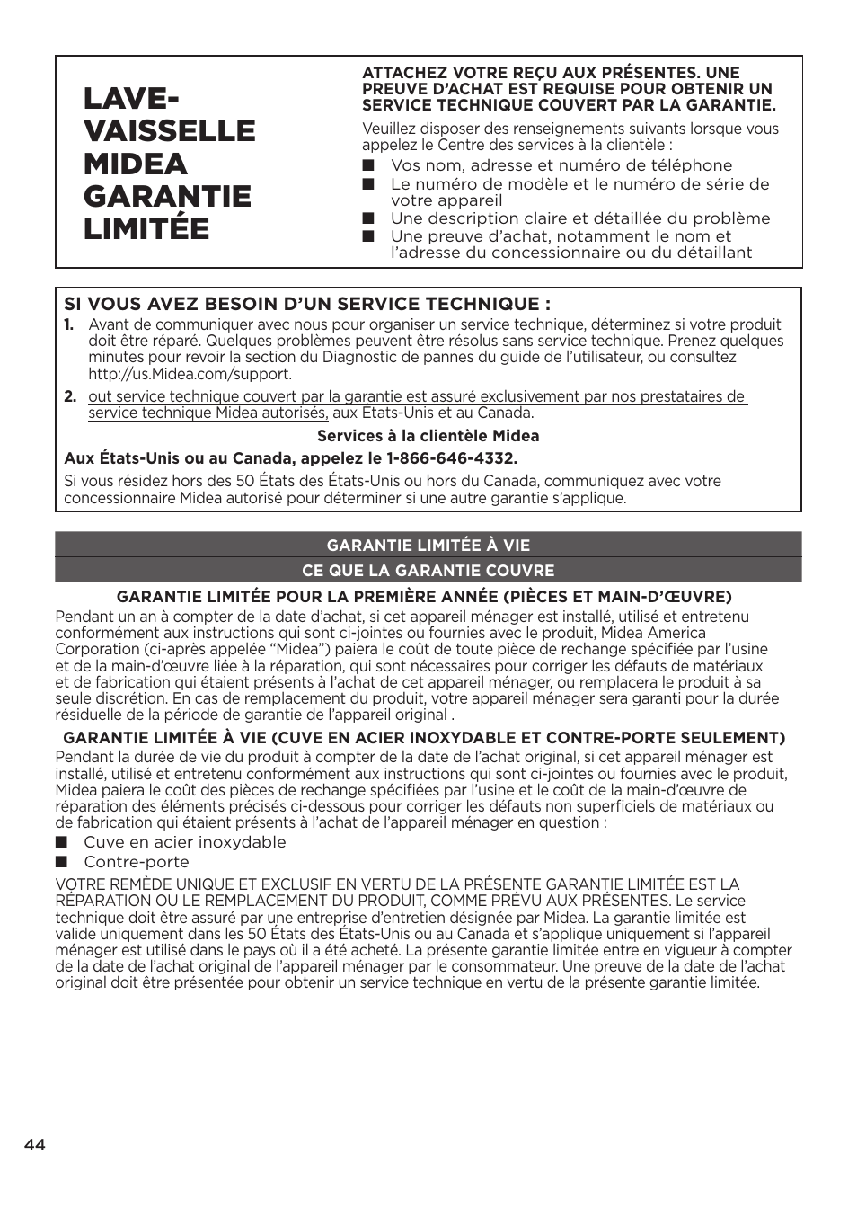 Lave- vaisselle midea garantie limitée | MIDEA MDT24H3AST User Manual | Page 88 / 136