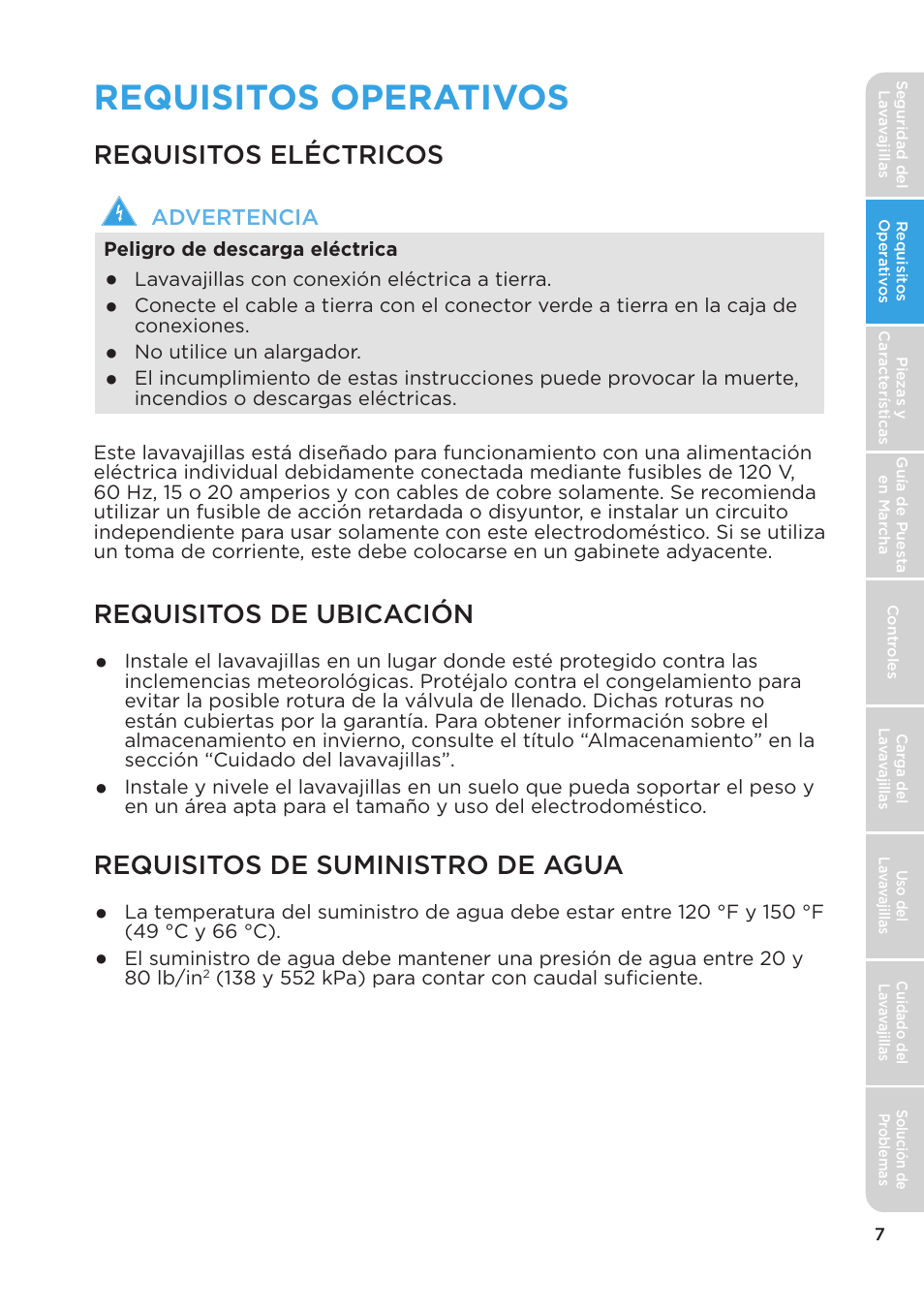 Requisitos operativos, Requisitos eléctricos, Requisitos de ubicación | Requisitos de suministro de agua | MIDEA MDT24H3AST User Manual | Page 97 / 136