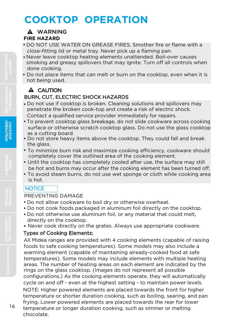 Cooktop operation | MIDEA MES30S4AST User Manual | Page 16 / 54