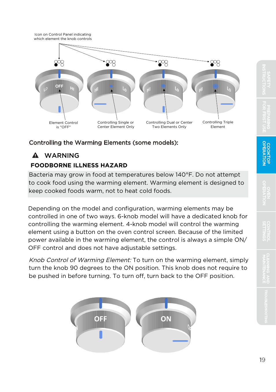Warning, Knob control of warming element, Foodborne illness hazard | MIDEA MES30S4AST User Manual | Page 19 / 54