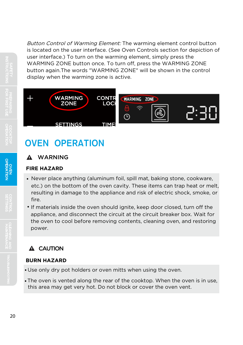 Oven operation, Warning caution, Button control of warming element | MIDEA MES30S4AST User Manual | Page 20 / 54