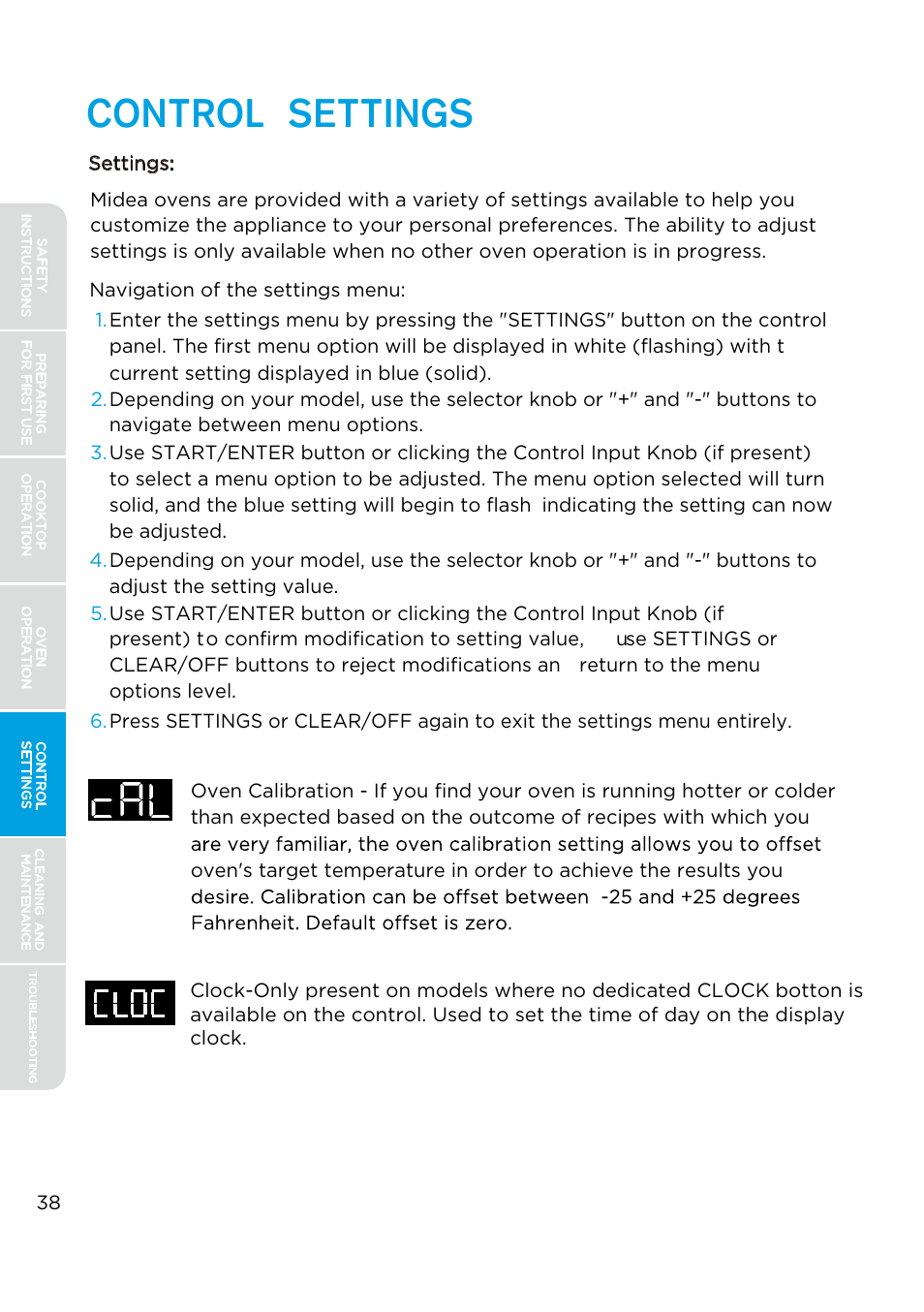 Control settings | MIDEA MES30S4AST User Manual | Page 38 / 54