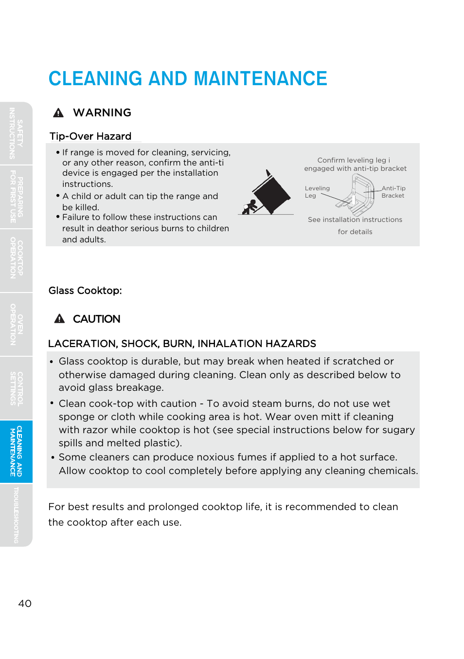 Cleaning and maintenance, Warning, Caution | Tip-over hazard, Glass cooktop | MIDEA MES30S4AST User Manual | Page 40 / 54