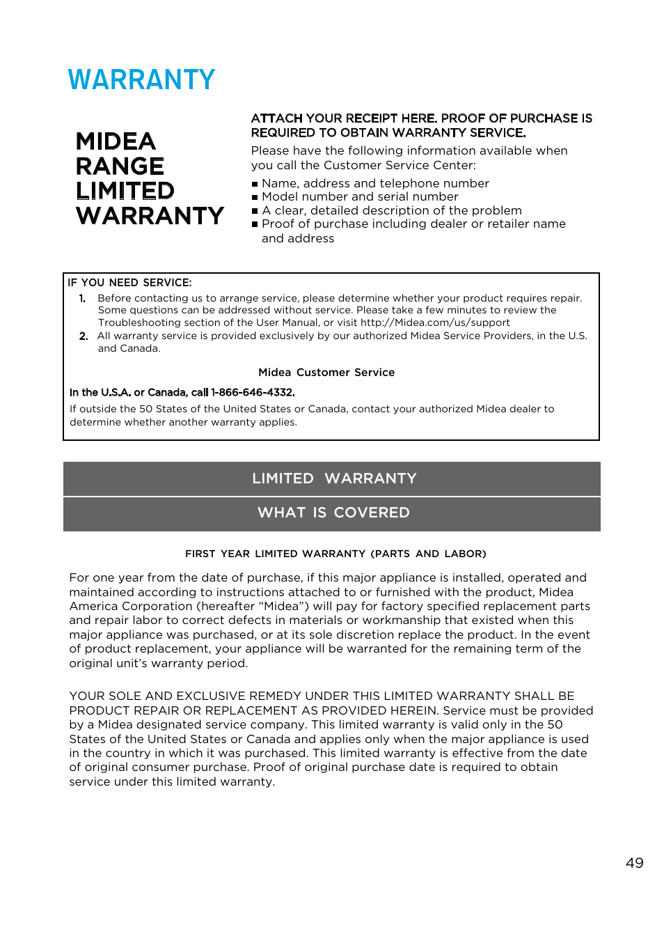 Warranty, Midea range limited warranty | MIDEA MES30S4AST User Manual | Page 49 / 54