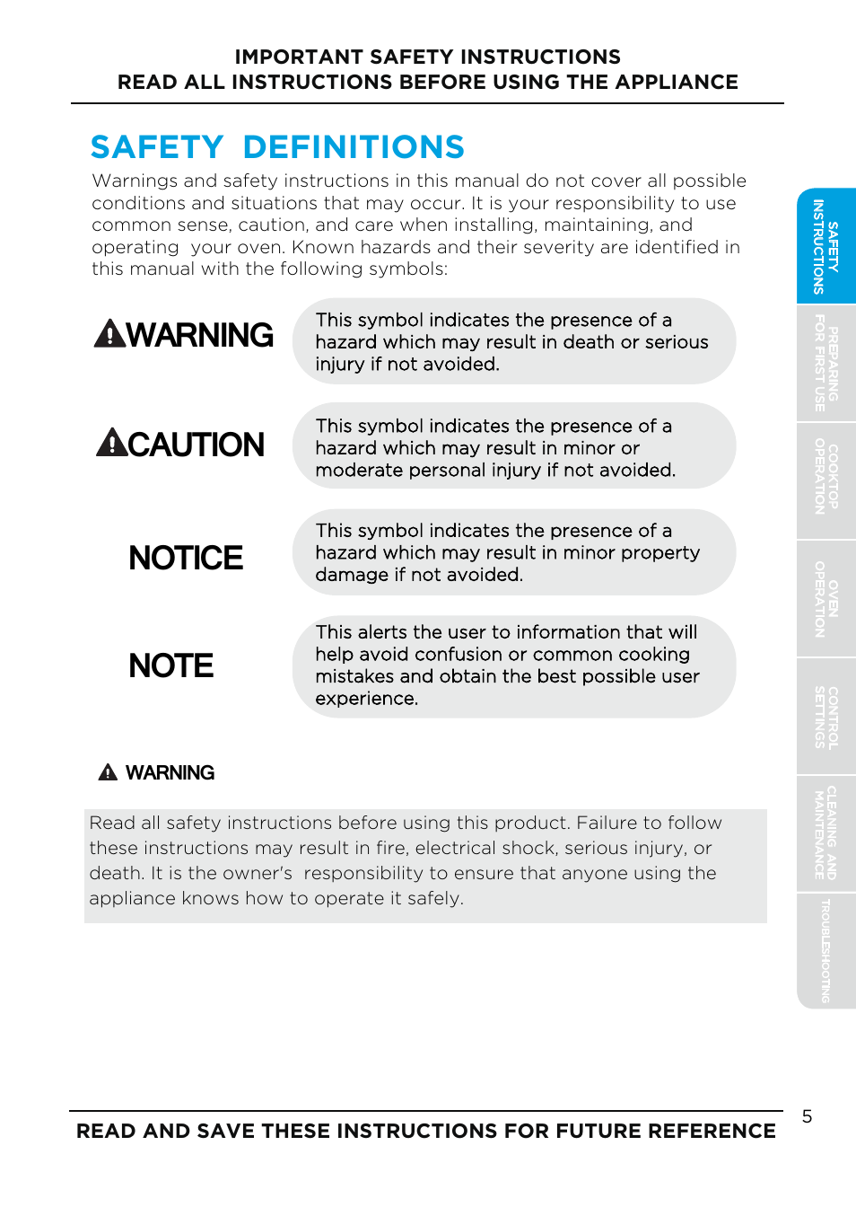 Safet y definitions, Warning | MIDEA MES30S4AST User Manual | Page 5 / 54