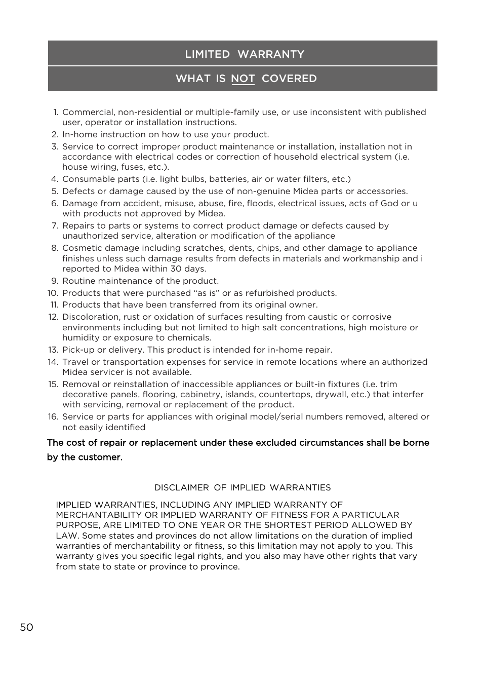 Midea range limited warranty | MIDEA MES30S4AST User Manual | Page 50 / 54