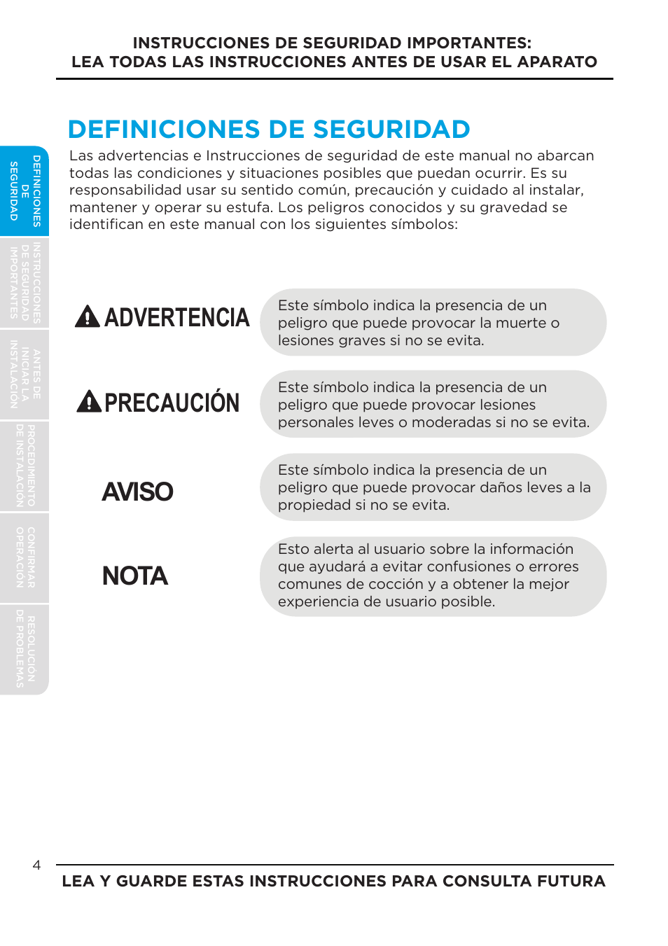 Advertencia precaución aviso nota, Definiciones de seguridad | MIDEA MES30S2AST User Manual | Page 36 / 96