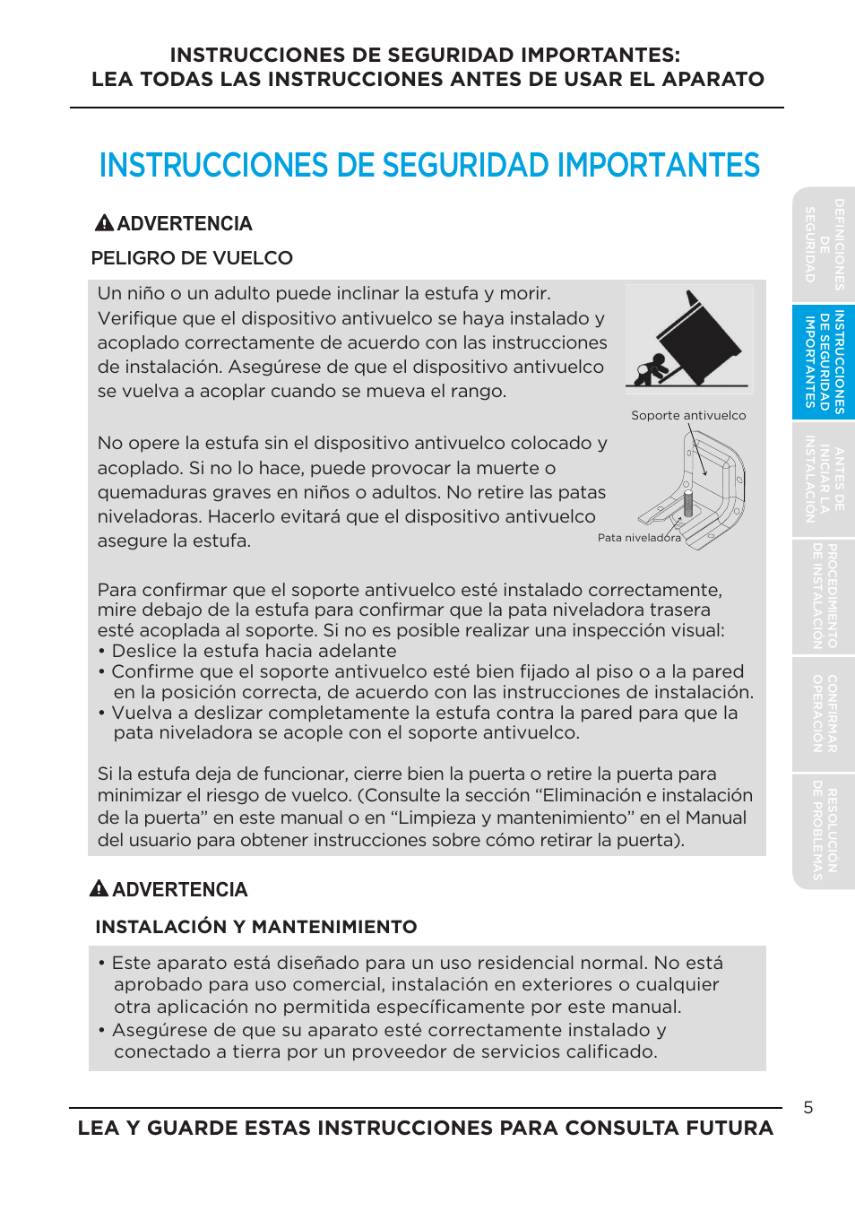 Instrucciones de seguridad importantes, Peligro de vuelco | MIDEA MES30S2AST User Manual | Page 37 / 96