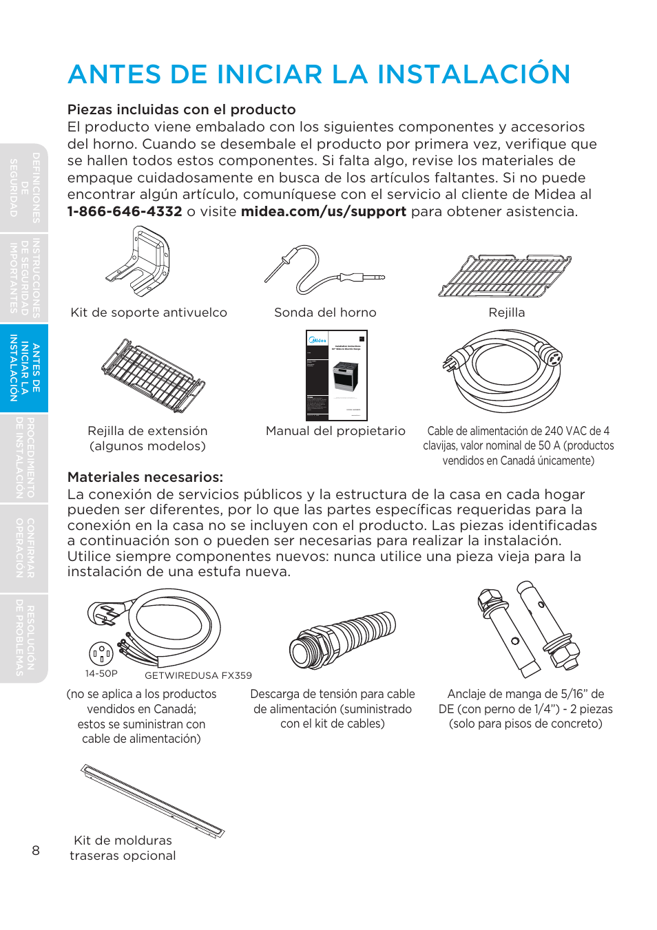Antes de iniciar la instalación, Piezas incluidas con el producto | MIDEA MES30S2AST User Manual | Page 40 / 96