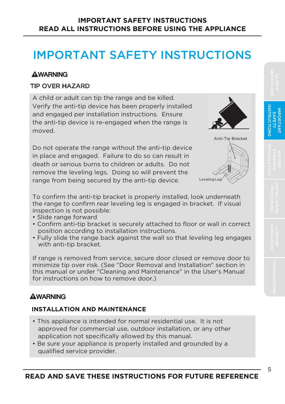 Important safety instructions, Warning, Installation and maintenance | Tip over hazard | MIDEA MES30S2AST User Manual | Page 5 / 96