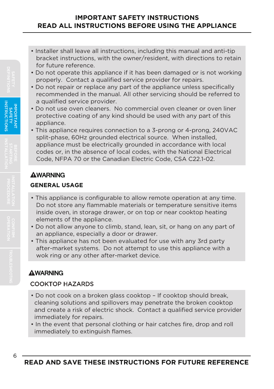 Warning, General usage cooktop hazards | MIDEA MES30S2AST User Manual | Page 6 / 96