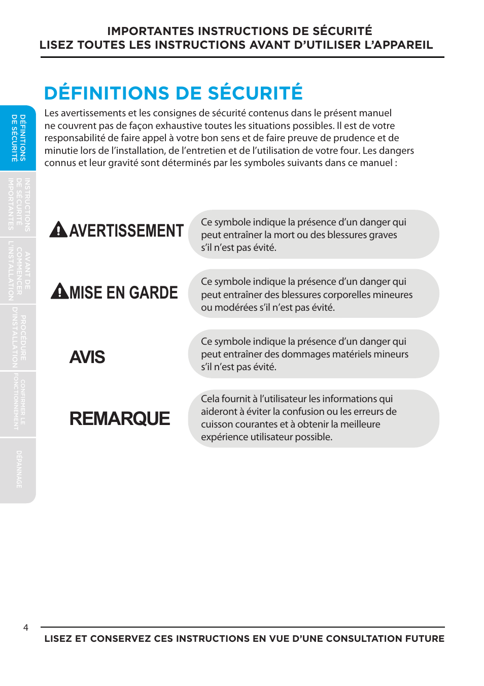 Remarque, Définitions de sécurité, Avertissement mise en garde avis | MIDEA MES30S2AST User Manual | Page 68 / 96