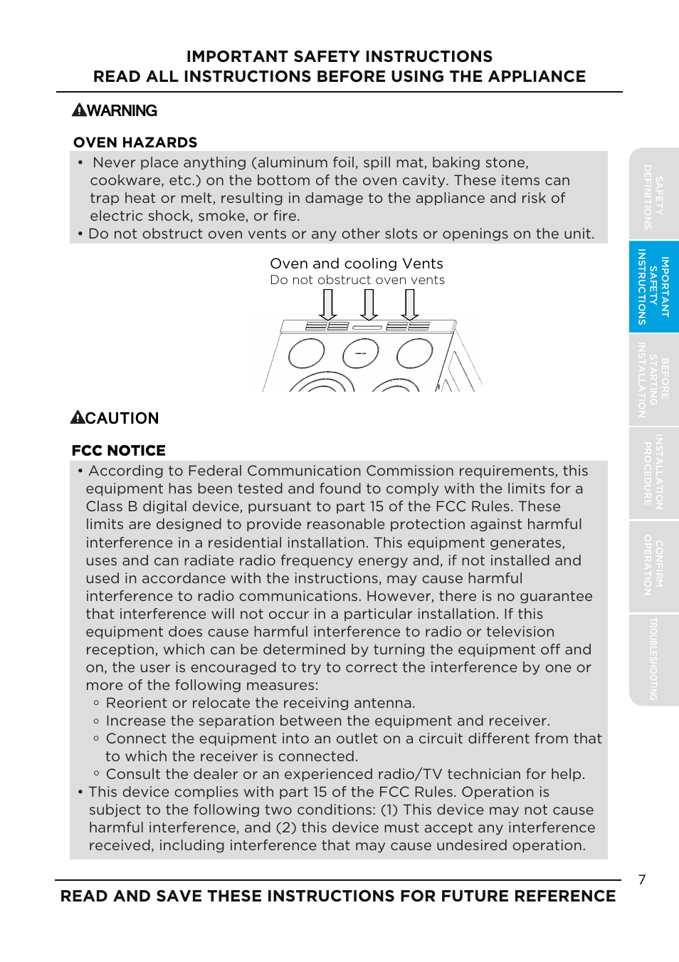 Warning, Caution, Fcc notice | Oven and cooling vents | MIDEA MES30S2AST User Manual | Page 7 / 96