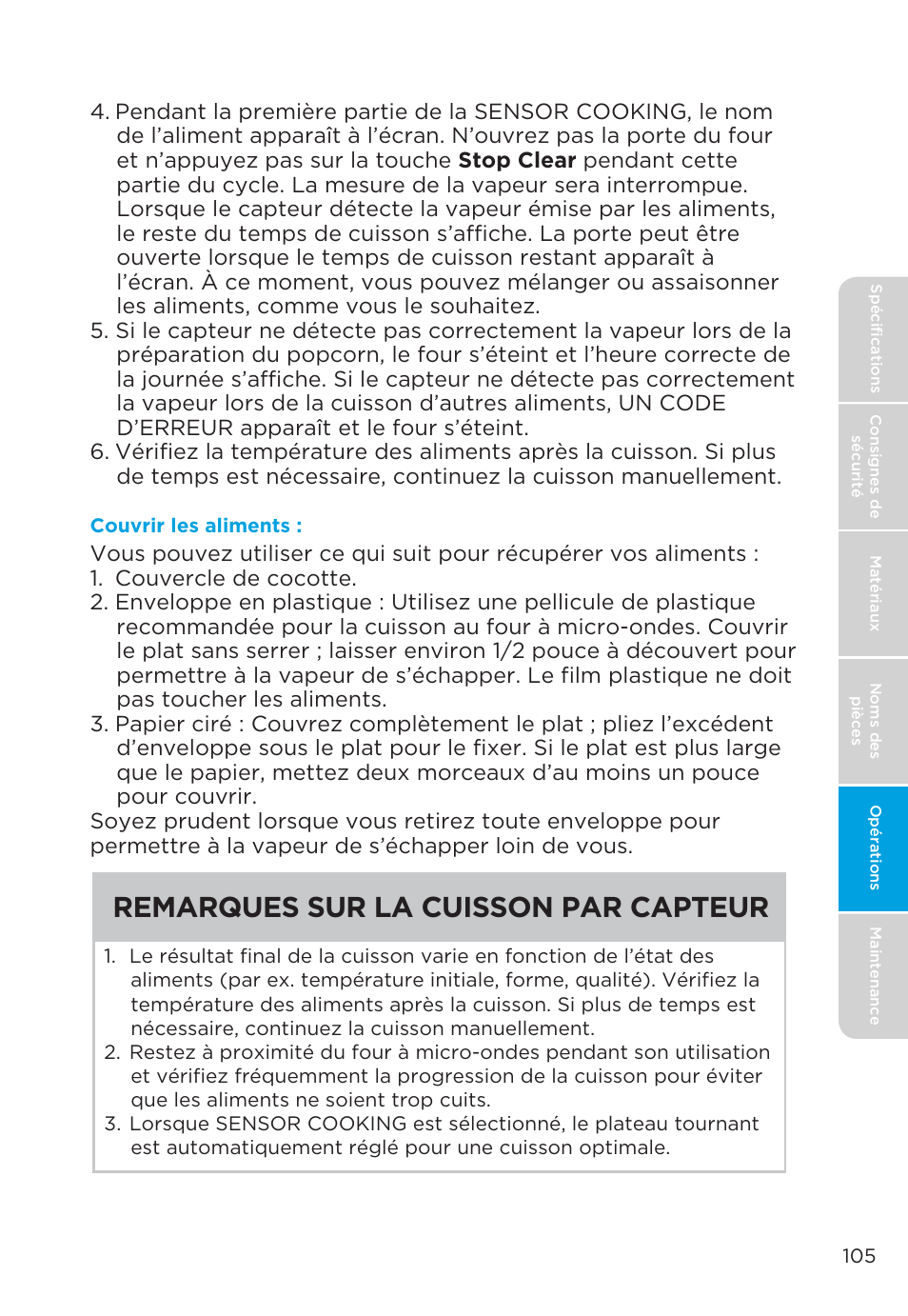 Cuisson par capteur, Remarques sur la cuisson par capteur | MIDEA MMO19S3AST User Manual | Page 105 / 132