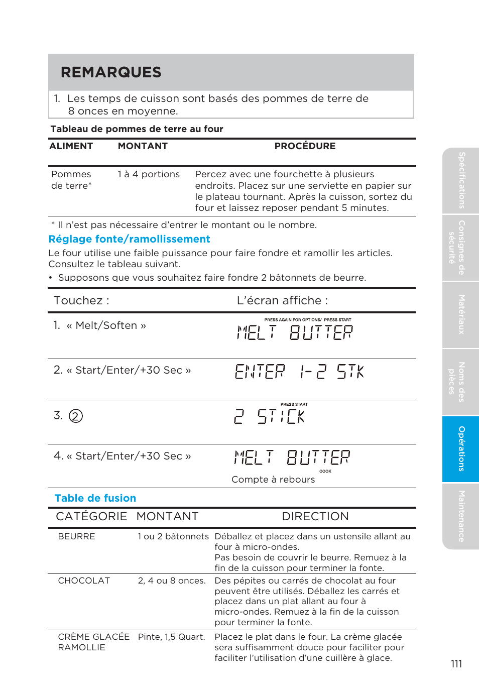 Remarques, Touchez : l’écran affiche : 1, Catégorie montant direction | MIDEA MMO19S3AST User Manual | Page 111 / 132