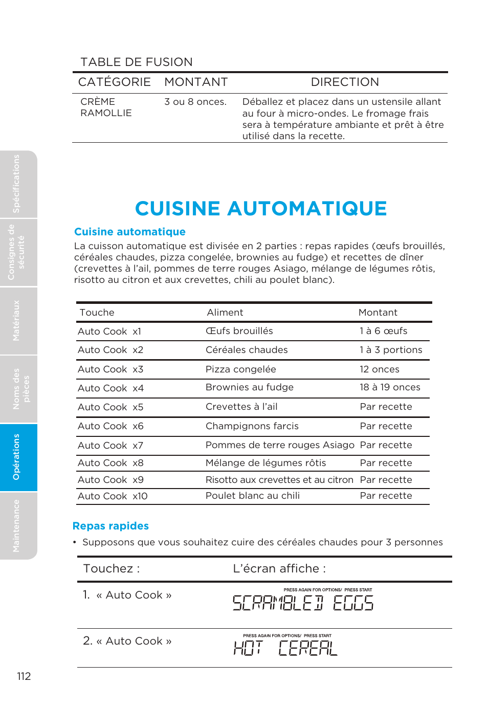 Cuisine automatique, Catégorie montant direction table de fusion, Touchez : l’écran affiche : 1 | MIDEA MMO19S3AST User Manual | Page 112 / 132