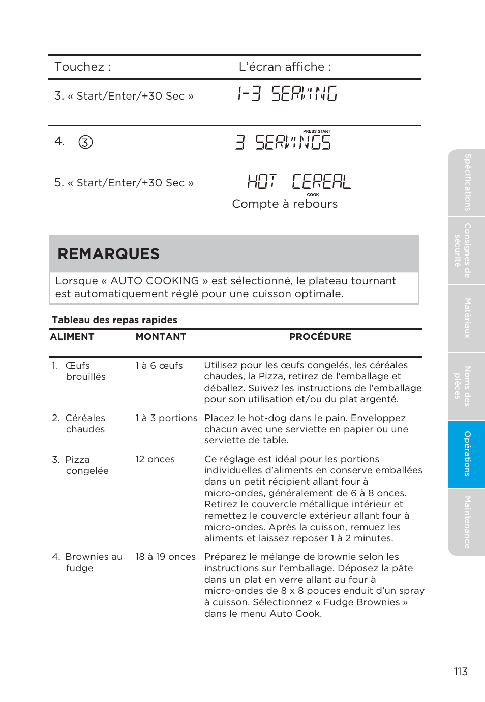 Remarques, Compte à rebours, Touchez : l’écran affiche : 3 | MIDEA MMO19S3AST User Manual | Page 113 / 132