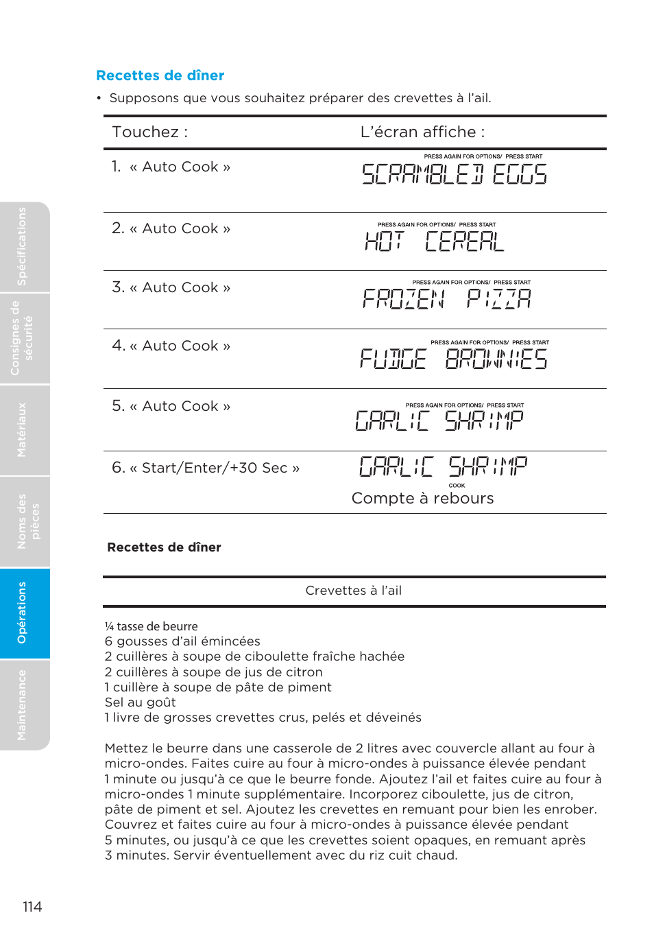 Compte à rebours, Touchez : l’écran affiche : 1 | MIDEA MMO19S3AST User Manual | Page 114 / 132