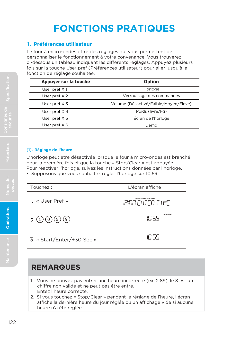 Fonctions pratiques, Remarques | MIDEA MMO19S3AST User Manual | Page 122 / 132
