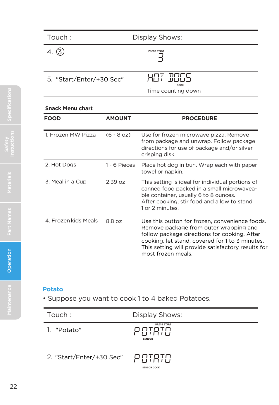 Touch : 4. 3 5. display shows, Touch : 1. 2. display shows, Suppose you want to cook 1 to 4 baked potatoes | MIDEA MMO19S3AST User Manual | Page 22 / 132