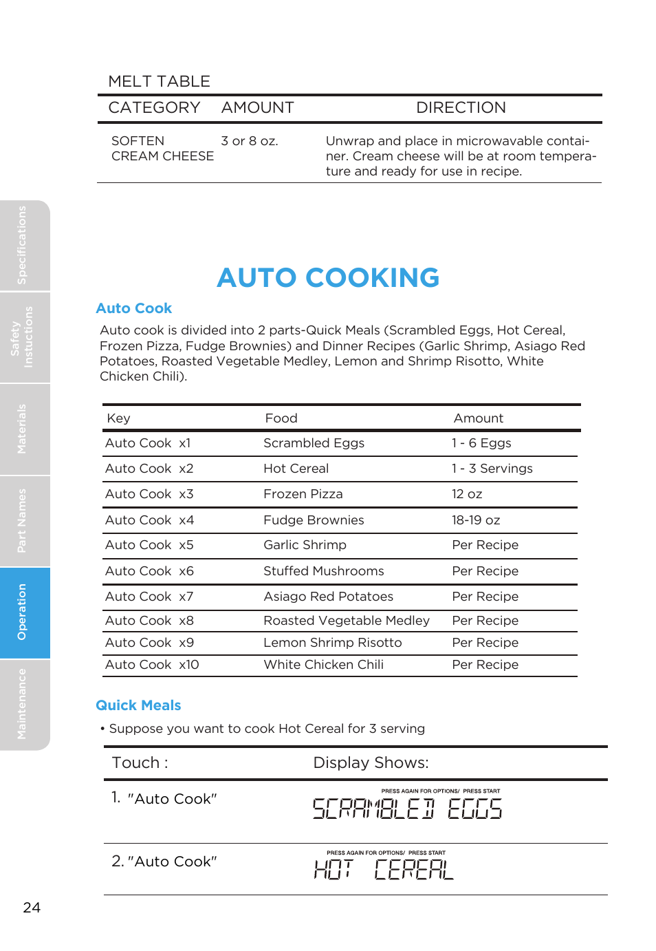 Auto cooking, Touch : 1. 2. display shows: melt table category, Amount direction | MIDEA MMO19S3AST User Manual | Page 24 / 132