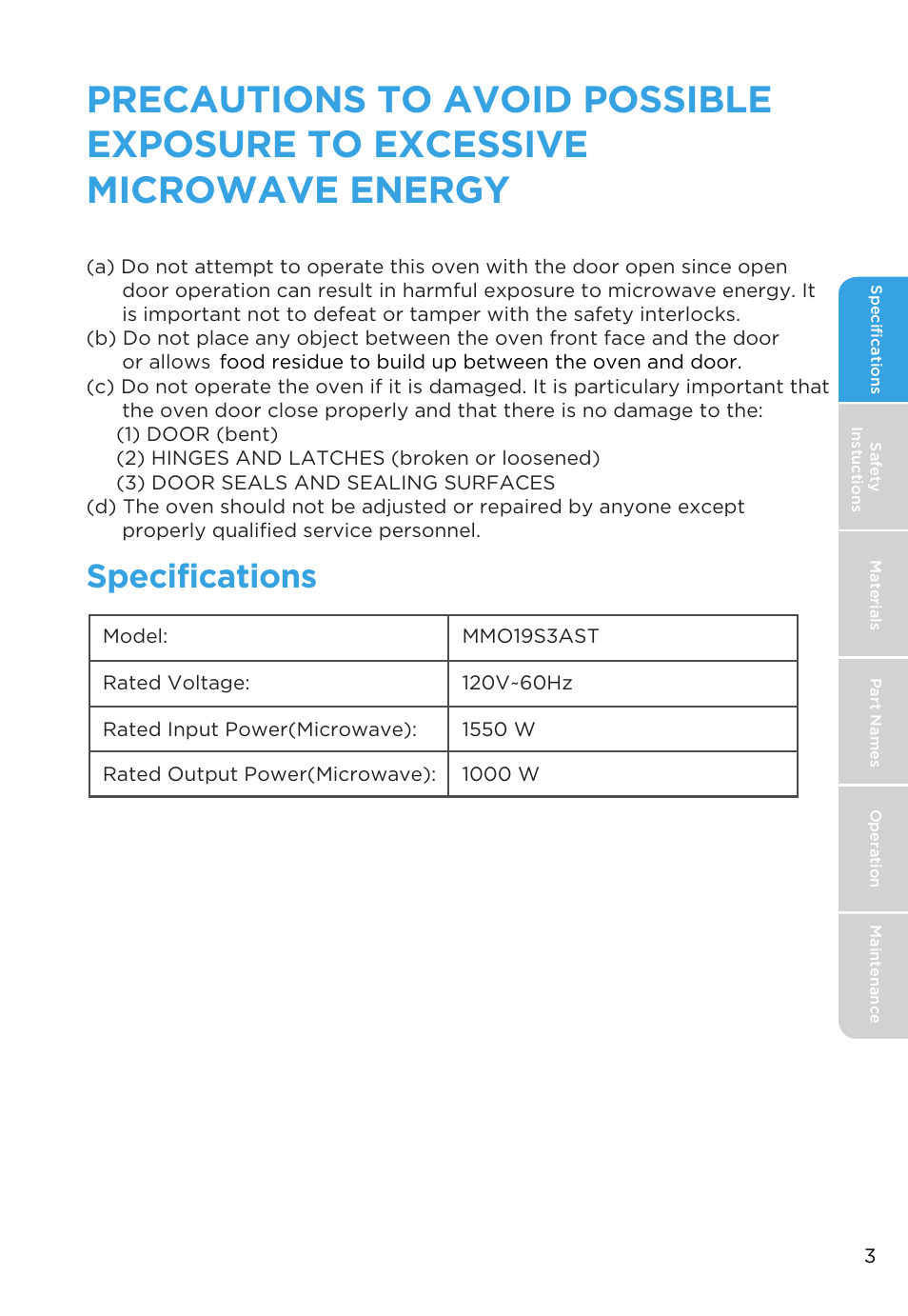 Specifications | MIDEA MMO19S3AST User Manual | Page 3 / 132