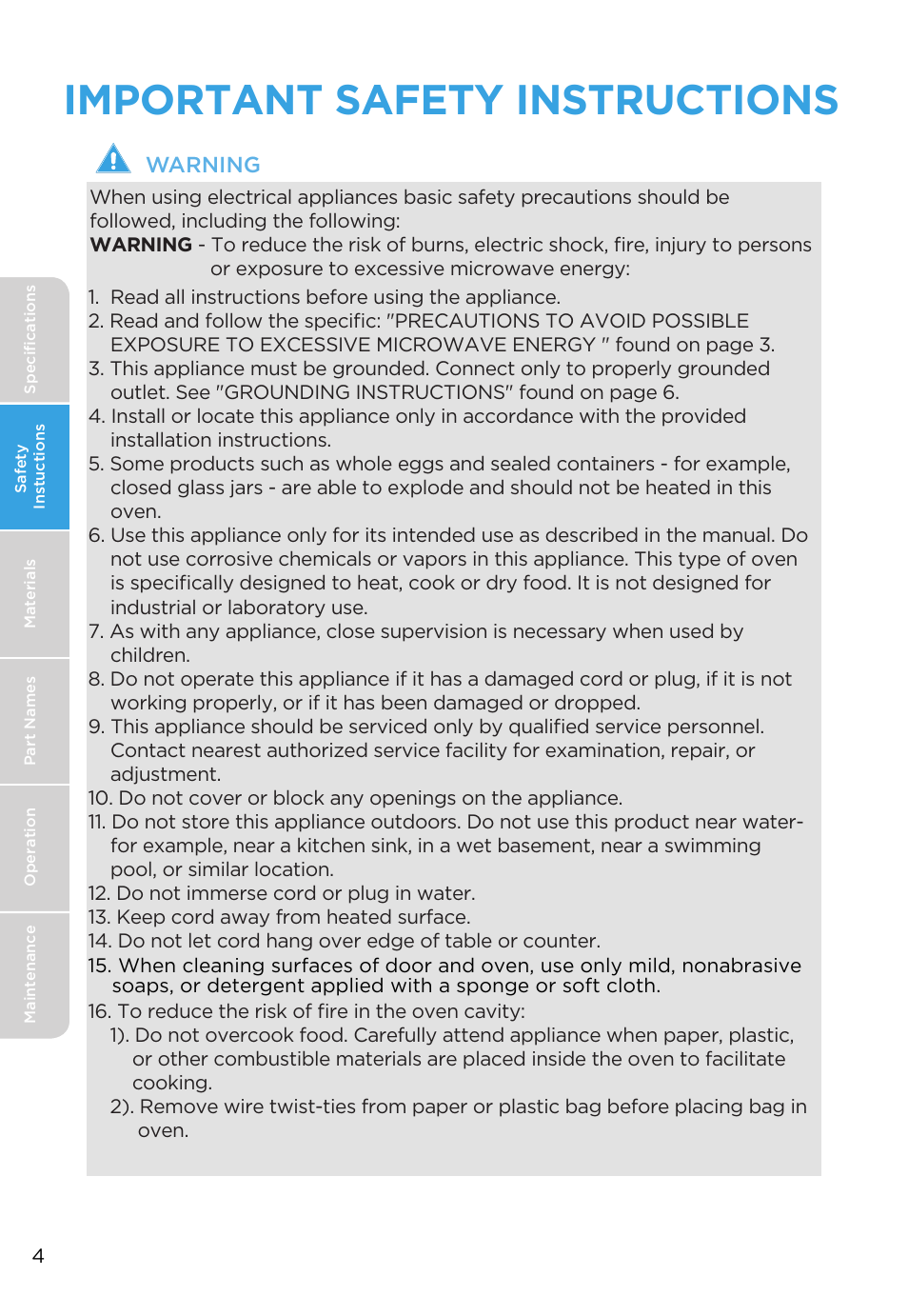Important safety instructions | MIDEA MMO19S3AST User Manual | Page 4 / 132